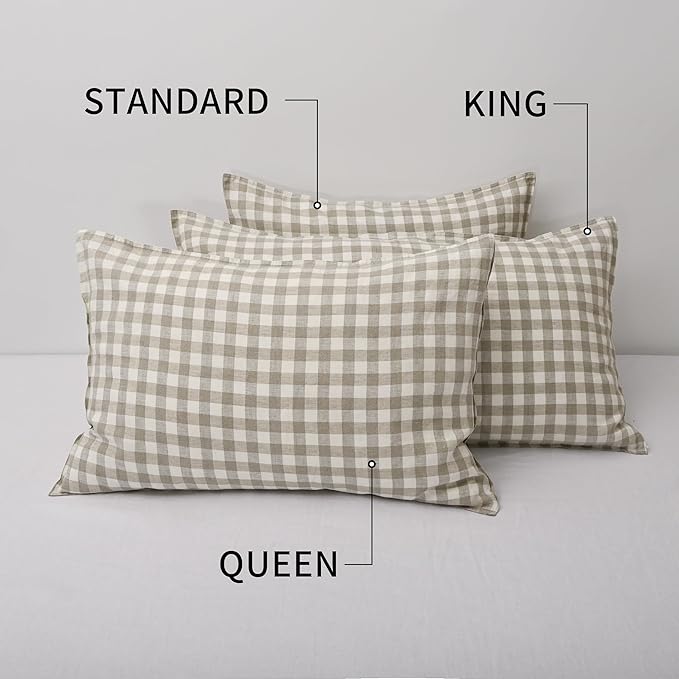 CHUFFED 100% French Linen Pillow Cases Queen Size Set of 2, Stone Washed Flax Pillow Shams with Zipper Closure - Breathable & Cooling for Hot Sleepers,20x30 Inches, Linen Plaid