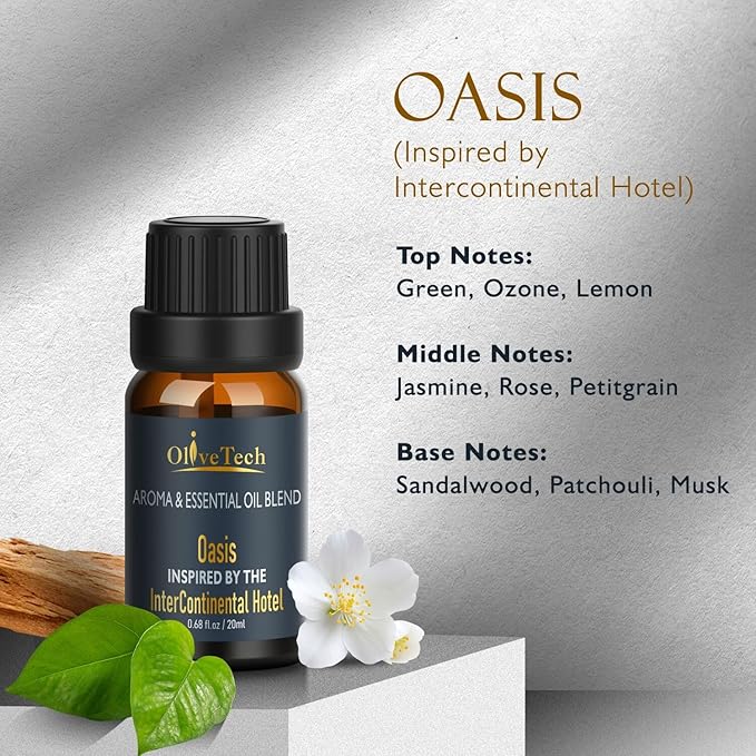 Hotel Diffuser Oil 20ml – Inspired by Intercontinental Hotel Oasis Scent, OliveTech Aromatherapy Fragrance Oil for Cold Air & Ultrasonic Diffusers, Glass Bottle (0.68 fl oz)