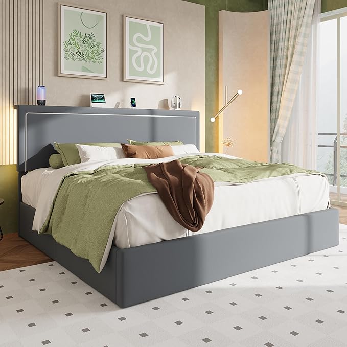 Allewie King Size Lift Up Storage Bed Frame with Charging Station & LED Lights, Adjustable Velvet Upholstered Storage Headboard, Type-C & USB Ports, Hydraulic Support, No Box Spring Needed, Grey
