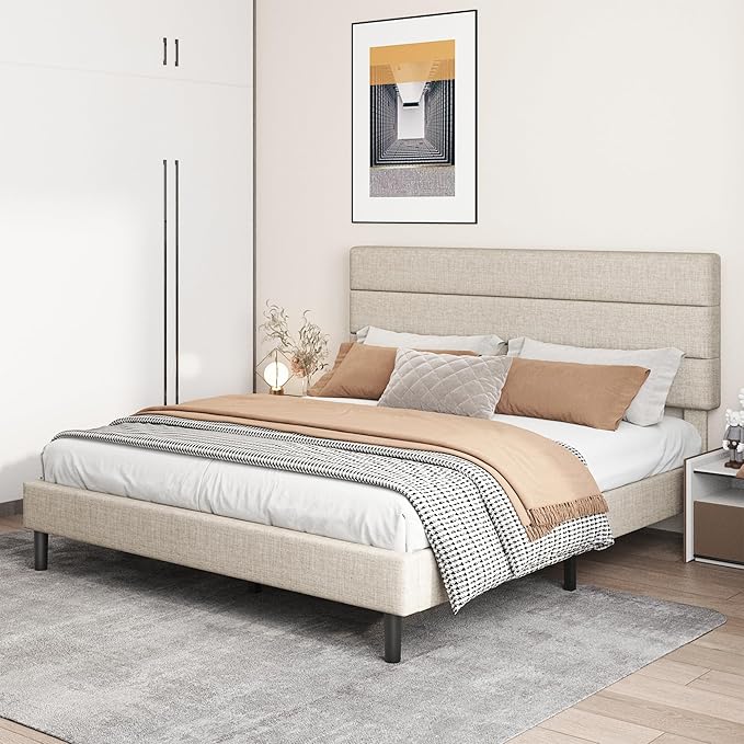 King Platform Bed Frame with Adjustable Linen Fabric Upholstered Headboard, Strong Slats Support, Noise-Free, No Box Spring Required, Easy Assembly for Bedroom Guest Room, Beige
