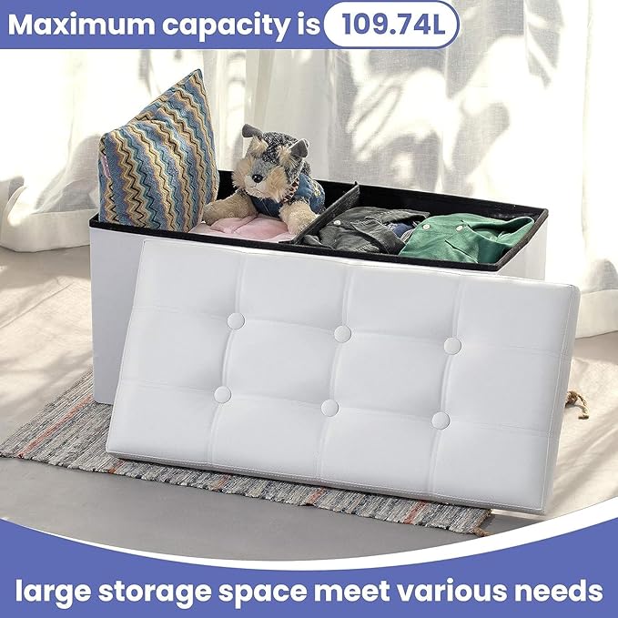 COSYLAND Ottoman Bench with Storage - 30x15x15in Folding Leather Ottoman, Rectangle Foot Stool Foldable Storage Chest Footrest Footstool Collapsible with Lid for Bedroom Living Room White