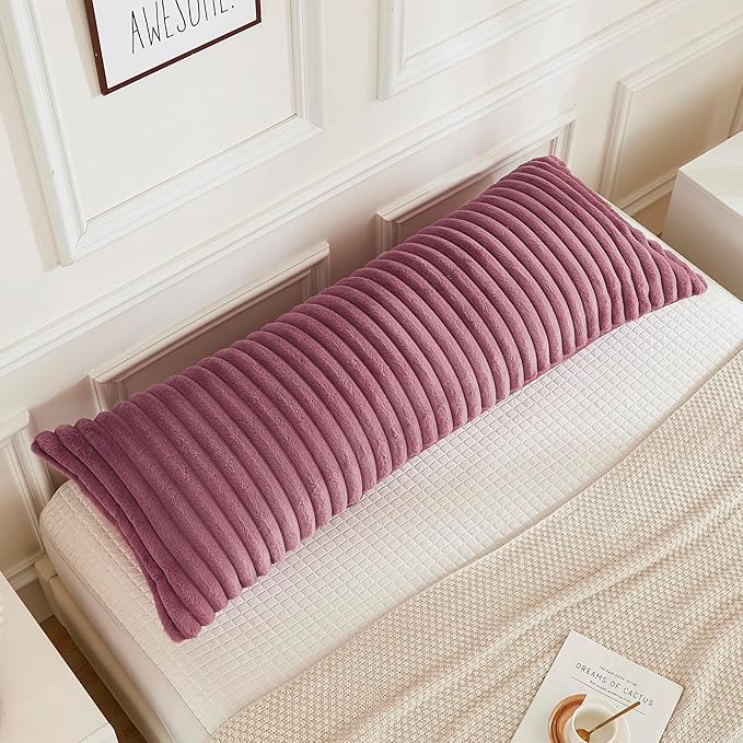 JAUXIO Faux Fur Fluffy Body Pillow Cover Luxury Textured Vertical Stripe Plush Decorative Body Pillowcase, Ultra Soft and Cozy Zipper Closure 21 x 54 Inches, Dusty Rose