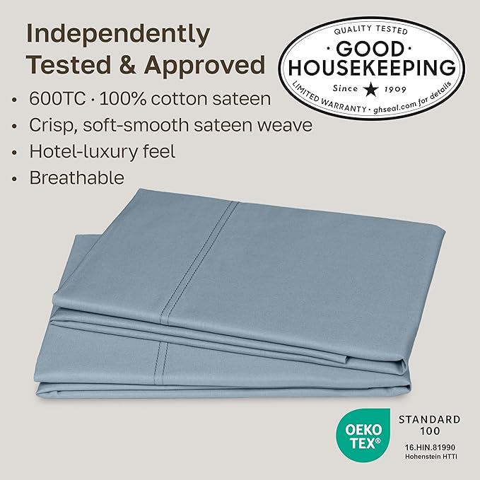 Luxuriously Soft Premium 600 Thread Count, 100% Cotton Set of 2 Cases, Crisp Pillowcases King Size Set of 2, Fits King Pillows (Pastel Blue)