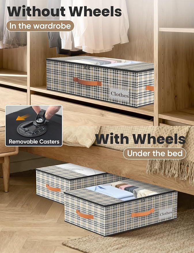 TOSKING 2-Pack Under Bed Storage Bins with Wheels, 4 Vacuum Bags, Heavy Duty 80 lbs, 7.9" Height, 47L Clear Lid Organizer, Space Saver for Dorm Bedroom Clothes Shoes Toys, Quick Assembly, Houndstooth