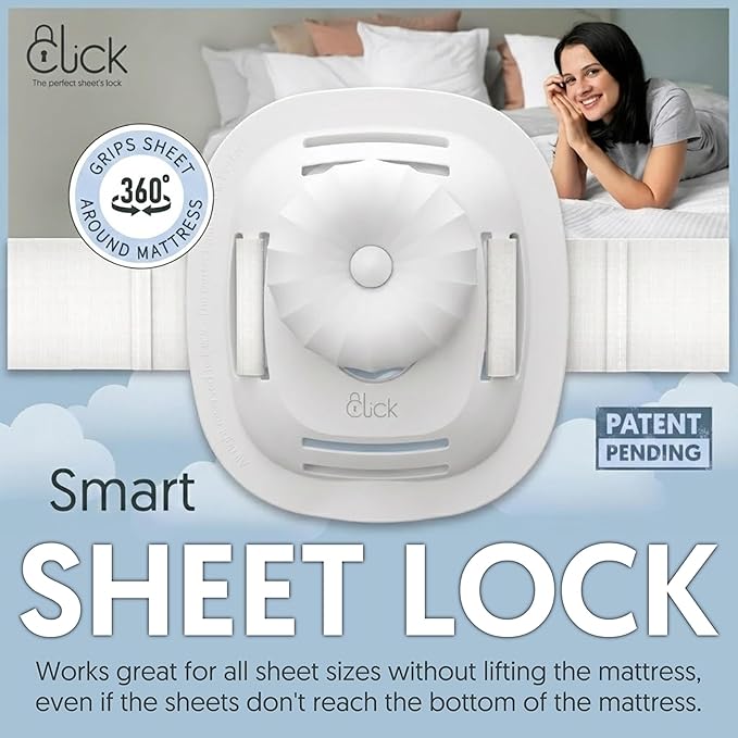 Click Bed Sheet Holder - No Lift Mattress Sheet Clips & Strap for Queen King Size Beds, Sheet Keepers to Keep Sheets on Bed, Heavy Duty Bedsheet Lock Fasteners to Hold Sheets in Place Firm & Tight