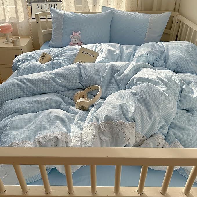 mixinni Blue Gingham Duvet Cover King Size - 3 Piece Cottagecore Plaid Bedding Set with Lace Trim, Soft Washed Microfiber Vintage Aesthetic Grid Comforter Cover & Pillow Shams, (Blue White Gingham)