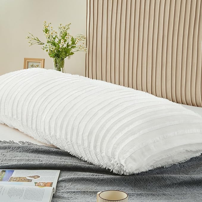 BEDELITE Body Pillow Cover with Zipper Closure, Decorative Boho Fleece Pillowcase 20 x 54 Inches, Luxury Fluffy Plush Long Body Pillow Pillowcase for All Seasons(Bright White-Boho)