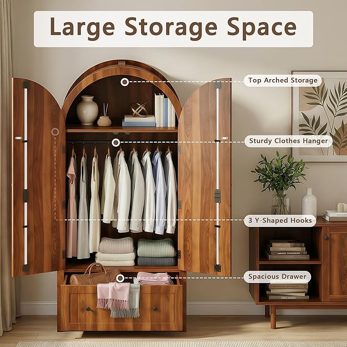 Einhomn Armoire Wardrobe Closet with Drawer & 2 Arched Doors, 70.3'' Tall Wood Closet Organizer with Hanging Rod & 3 Hooks, Large Storage Cabinet Freestanding Bedroom Admoires, Easy Assembly, Walnut