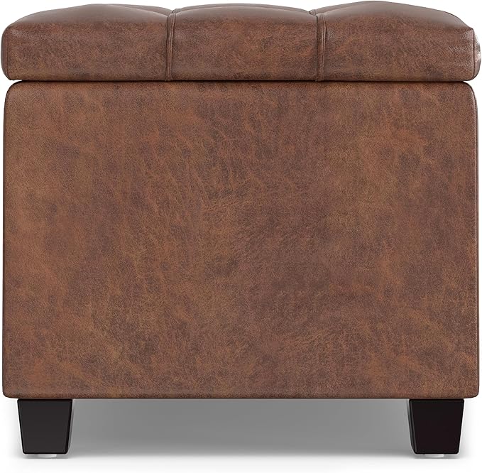 SIMPLIHOME Sienna Storage Ottoman Bench - 33 inch Wide Upholstered Vegan Leather Rectangle Storage Ottoman Bench in Distressed Saddle Brown, Transitional Tufted Ottoman for Living Room with Lift Top