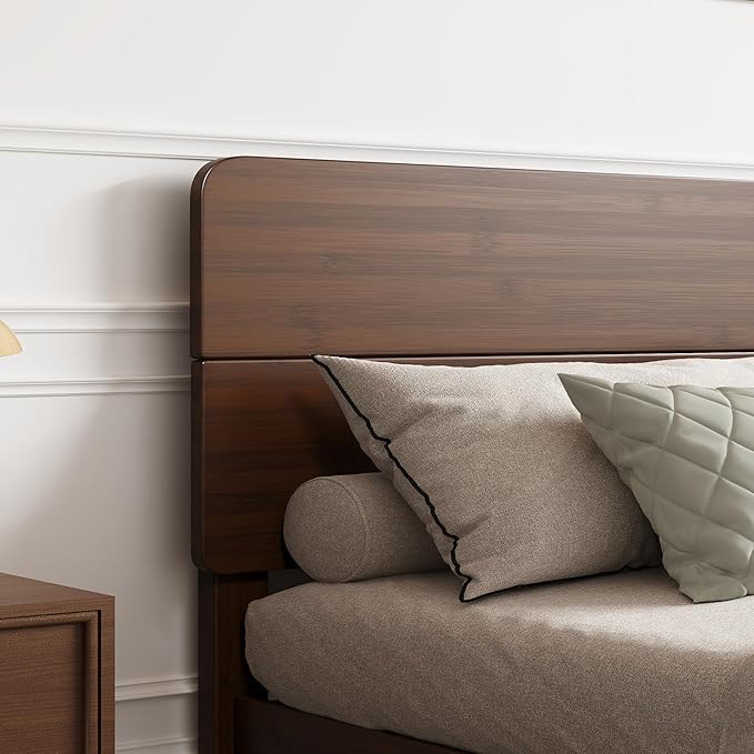 BOSRII 14in High Solid Bamboo Wood Platform Twin Size Bed Frame with Headboard, Reinforced Heavy Duty Metal Slats, Noise Free, No Box Spring Needed, Easy Assembly, Walnut