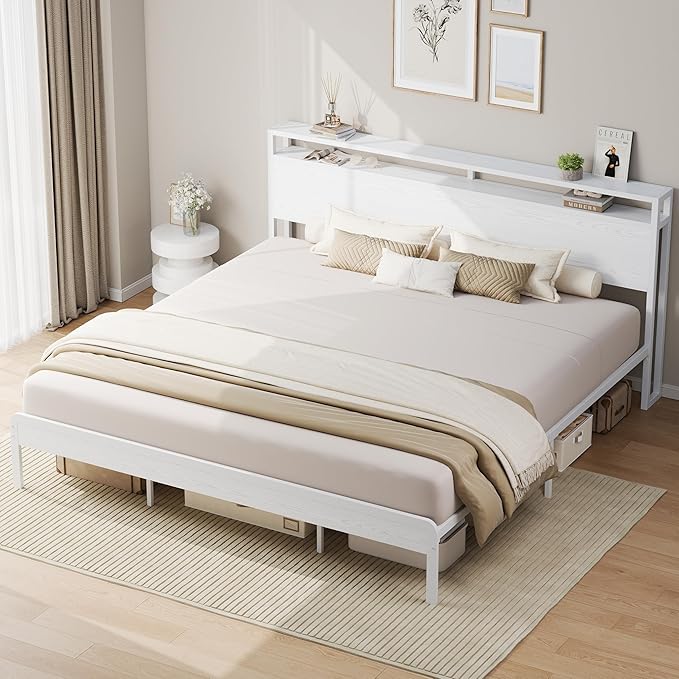 LIKIMIO King Bed Frame with Headboard, Wood Camas King with Strong Supports, Sturdy, Noise-Free, No Box Spring Needed, White