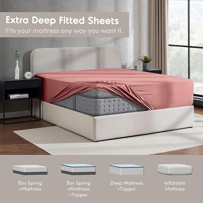 Nestl 4 Pack Pink Clay Fitted Sheet Extra Deep Pocket, Hotel Luxury QueenFitted Sheet Only Easily Fits 18 to 24 Inch Mattress, Super Soft, Wrinkle-Free and Breathable with Corner Straps
