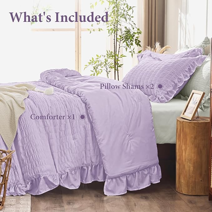 JOLLYVOGUE Lavender Queen Comforter Set, 3 Pieces Seersucker Comforters Queen Size, Lightweight & Fluffy Bedding Sets Queen for All Season with 1 Ruffle Comforter and 2 Ruffle Pillowshams