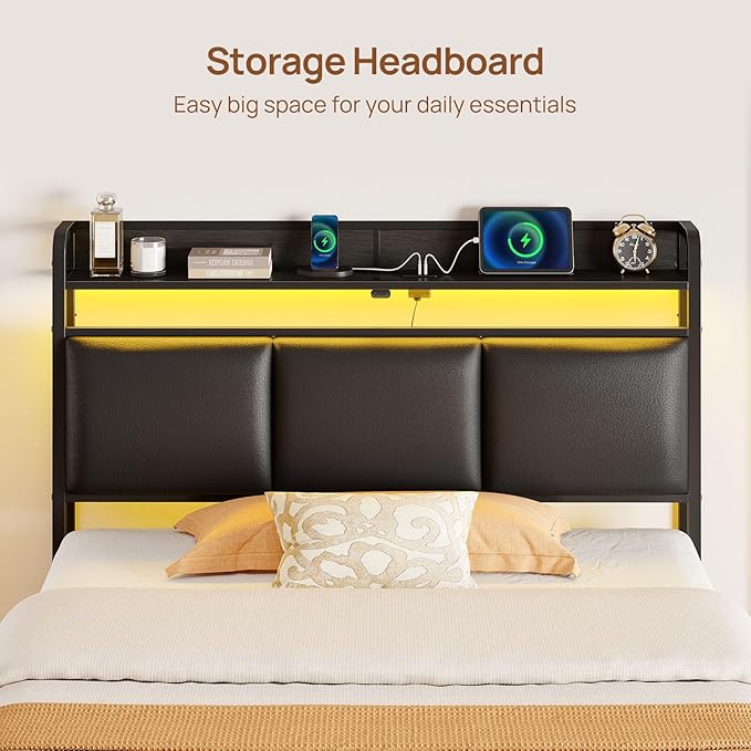 Rolanstar Bed Frame Twin Size with Charging Station and LED Lights, Upholstered Storage Headboard with Drawers, Heavy Duty Metal Slats, No Box Spring Needed, Easy Assembly, Black