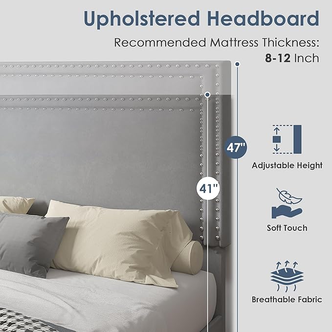 VECELO Twin Size Platform Bed Frame with Height Adjustable Upholstered Headboard, Modern Mattress Foundation,Strong Wood Slat Support, No Box Spring Needed, Easy Assembly,Light Grey