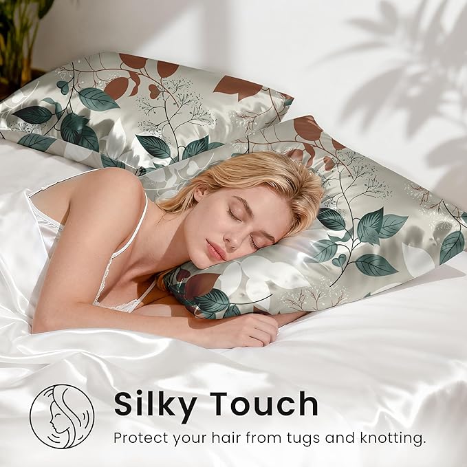 EXQ Home Satin Pillowcase for Hair and Skin Queen - Printed Green Leaves Silk Pillow Cases 2 Pack 20x30 inches - Satin Pillow Cases Set of 2 with Envelope Closure, Gifts for Women Men