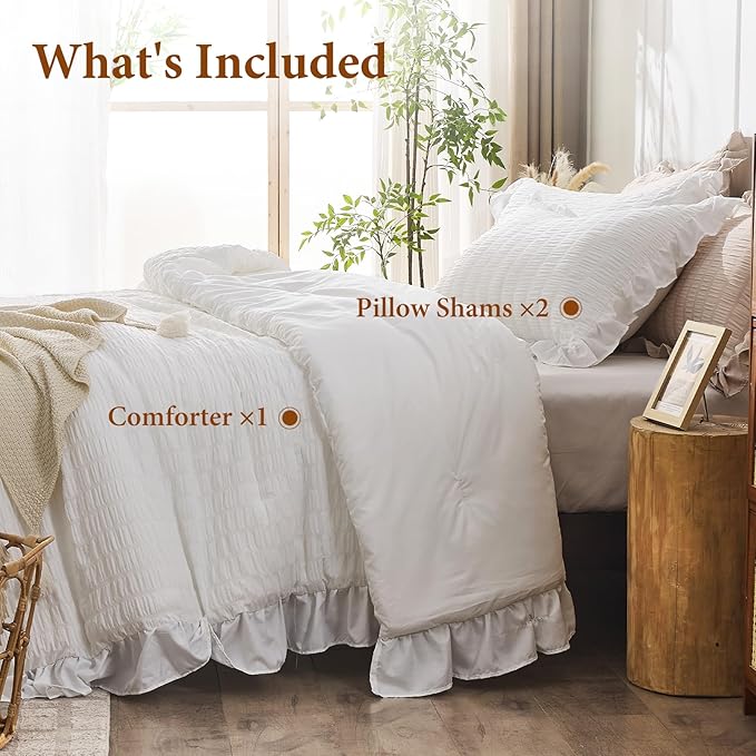 JOLLYVOGUE White Comforters Queen Size, 3 Pieces Ruffle Seersucker Queen Comforter Set for All Season, Lightweight Soft Shabby Chic Bedding Sets for Women（1 Comforter, 2 Pillowshams）