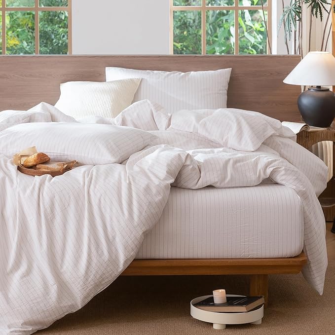 MooMee Striped Duvet Cover Set 100% Washed Cotton Linen Like Textured Breathable Durable Soft Comfy (White Heathered Greyish Pink Wide Stripes, Oversized Full 82"x86")