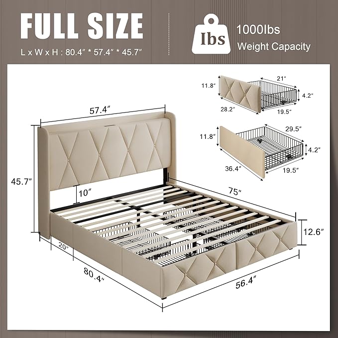 Einhomn Full Size Bed Frame with 4 Storage Drawers and Charging Station, Upholstered Platform Bed Frame with Storage Headboard, No Box Spring Needed, Easy Assembly, Beige