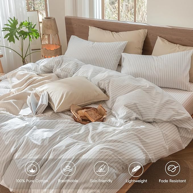 MooMee Striped Duvet Cover Set 100% Washed Cotton Linen Like Textured Breathable Durable Soft Comfy (White Cornflower Blue Wide Stripes, Palatial King/Oversized King 120"x98")