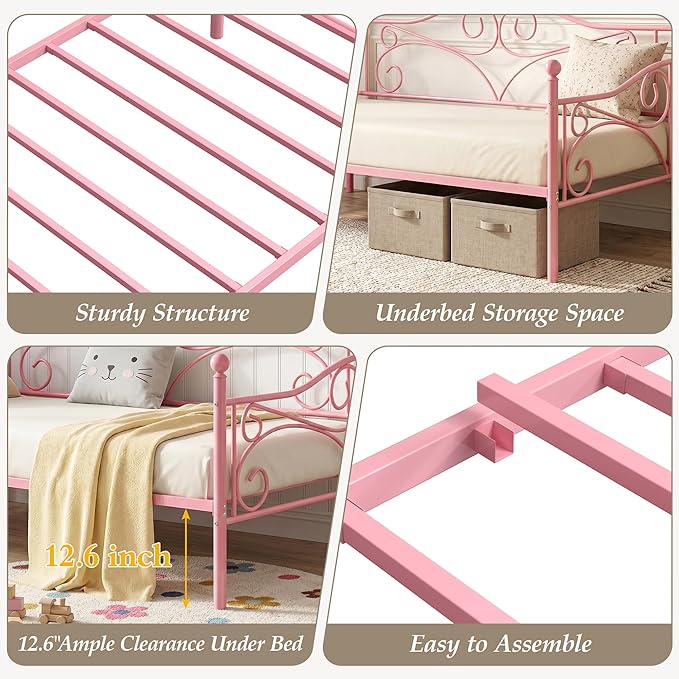VECELO Daybed Frame, Twin Size Metal Platform Bed with Headboard,Heavy Duty Steel Slats Support for Living Room Bedroom Guest Room, Easy Assembly