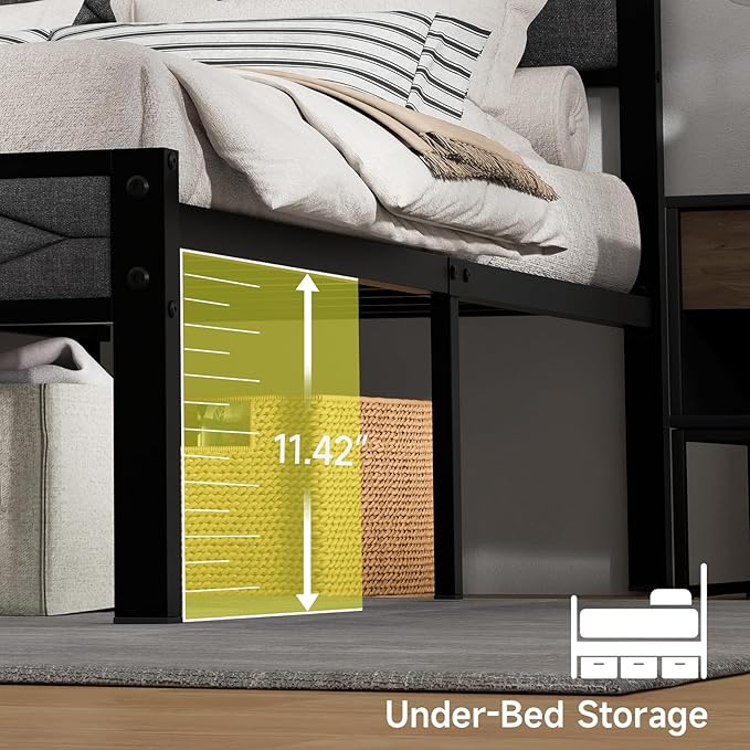 Z-hom Easy Assembly Upholstered Platform Bed Frame with Soft Padded Headboard, Modern Linen Fabric Mattress Foundation, No Box Spring Needed, Noise-Free & Sturdy Metal Support, Queen Size (Grey)