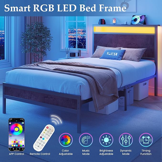 Fluest Twin Bed Frame with Headboard & Footboard, Twin Bed Frame with Charging Station & LED Light, Under-Bed-Storage, No Box Spring Needed, Noise Free, Easy Assembly, Coffee Brown