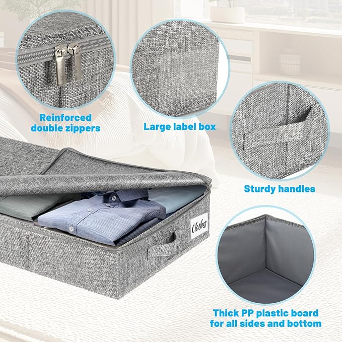 Under Bed Storage Container Bins 2 Pack, 4 Inch Thin Low Profile Underbed Clothes Storage Organizer for Dorm & Home, Use for Blanket and Toy Storage Box W/ Sturdy Bottom/Sides, Foldable Thick Fabric
