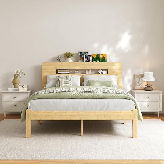ZIYOO Solid Bamboo Wood Queen Bed Frame with Storage Headboard, 12 inch Platform Bed Frame Queen No Box Spring Needed with Steel Slats, Sturdy and Stable, Easy Assembly, Noise Free