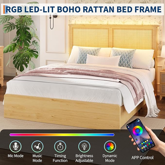 Garvee Queen Size Rattan Bed Frame with 4 Drawers, Bohemian Queen Rattan Bed Frame with Natural Headboard, Platform Queen Size Bed with Wooden Legs, LED Lights, No Box Spring Needed