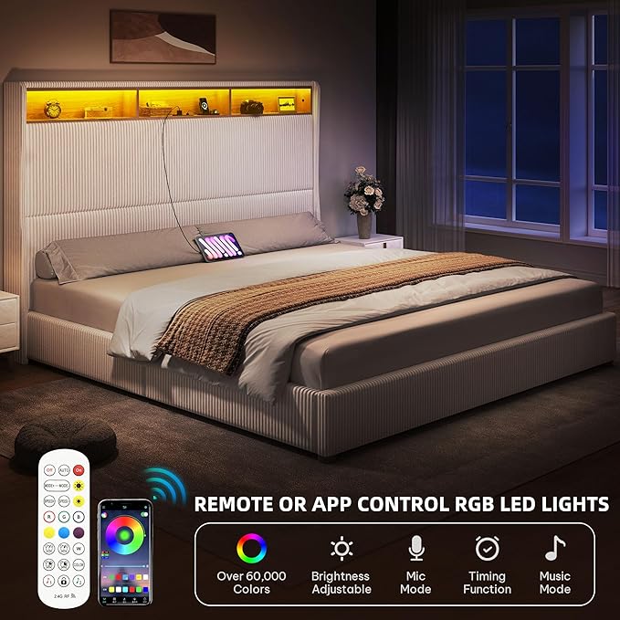 YITAHOME King Size Corduroy Upholstered Platform Bed Frame with Charging Station and RGB LED Lights, 53’’ Tall Storage Wingback Headboard, No Box Spring Needed, Easy Assembly, Noise-Free, White