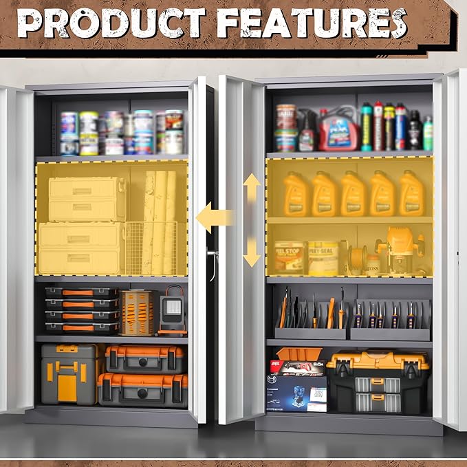 INTERGREAT Tall Metal Storage Cabinet Locking Steel with 4 Adjustable Shelves,72" Lockable Cabinets Lock 2 Doors for Office Garage Supply Home (Cream Gray)