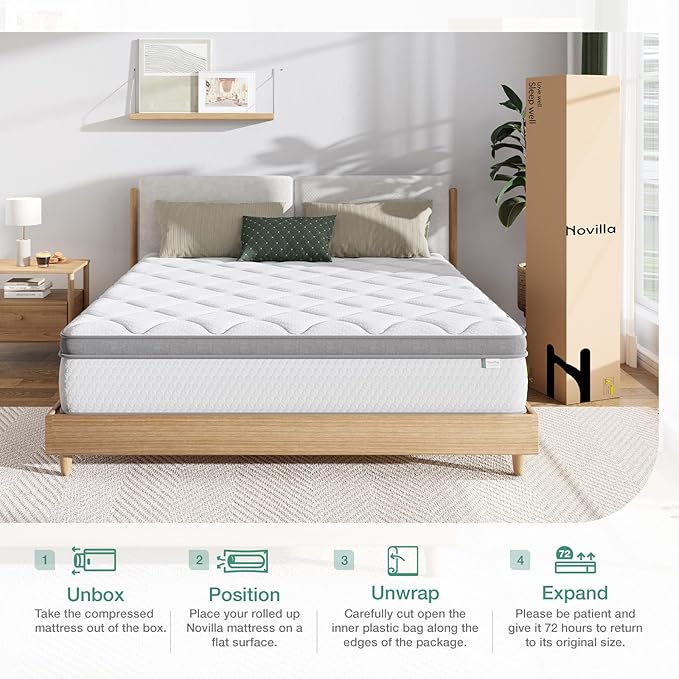 Novilla Twin Mattress, 10 Inch Twin Hybrid Mattress for Kids, Pocket Innerspring Pillow Top Mattresses for Motion Isolation, Pressure Relief & Edge Support, Medium Firm Feel