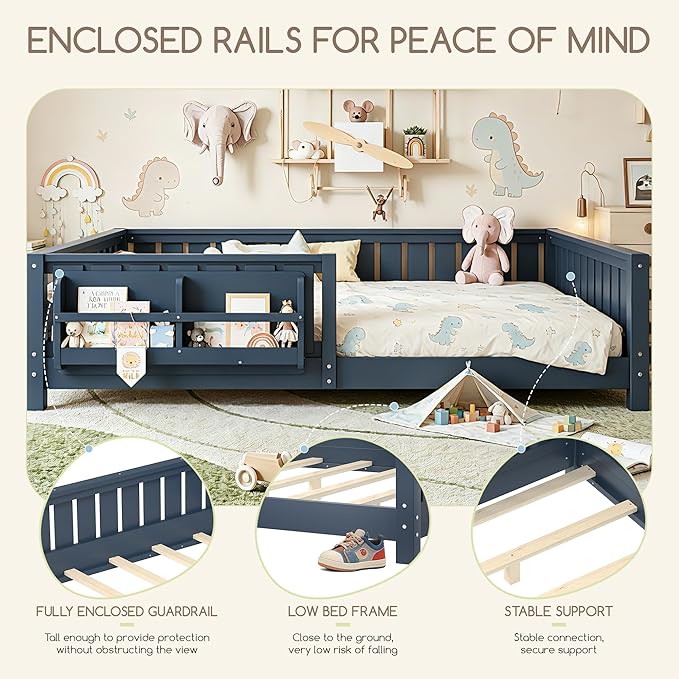 Bellemave Queen Floor Bed Frame with Fence & Bookshelf, Solid Pinewood Montessori Floor Bed Frame Queen with Slats Load 550LBS, Low Floor Bed for Kids, Bedroom, Nursery, Easy Assembly, Blue