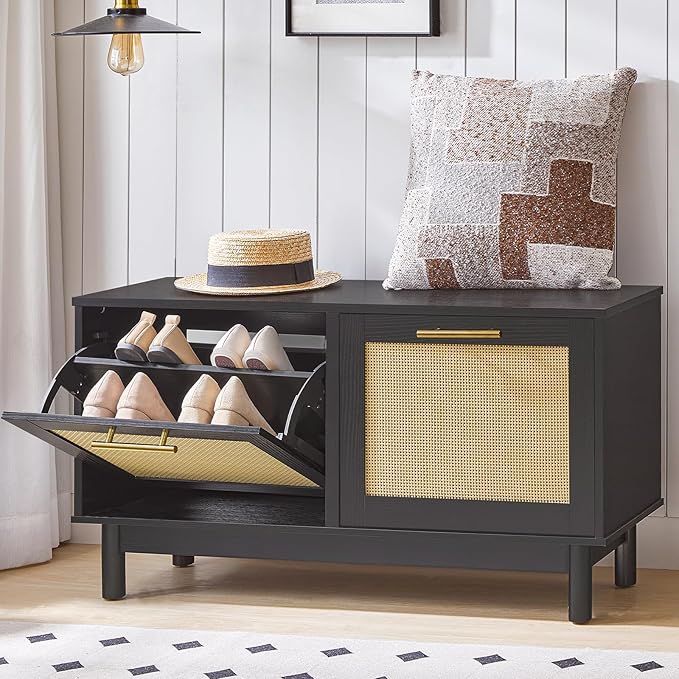 HOOBRO Rattan Shoe Storage Bench with Double Flip Drawers, Narrow Shoe Storage Organizer for Entryway, 11.8" D x 39.4" W x 20.9" H, Hidden Space Saving Wooden Shoe Cabinet for Hallway, Black BN51HX01