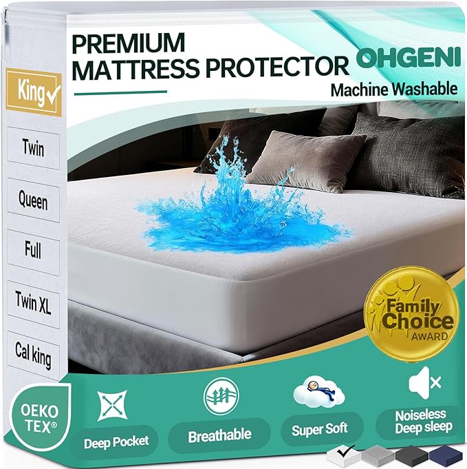 OhGeni Waterproof Mattress Protector, King Size Fitted Sheet with Deep Pocket, 6''-18'' Washable Hypoallergenic Mattresses Cover, Noiseless Soft Mattress Pad,Urine,Bedroom Essential,Pee & Dirt-Proof