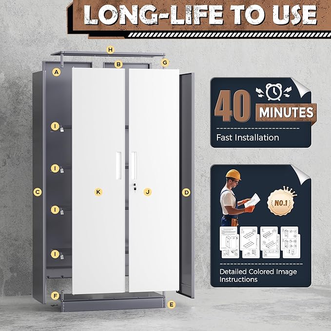 INTERGREAT Storage Cabinets with Doors and Shelves, 72“ Steel Tool Locking Cabinet, Metal Storage Cabinet for Home Office, Warehouse, School, Grey White