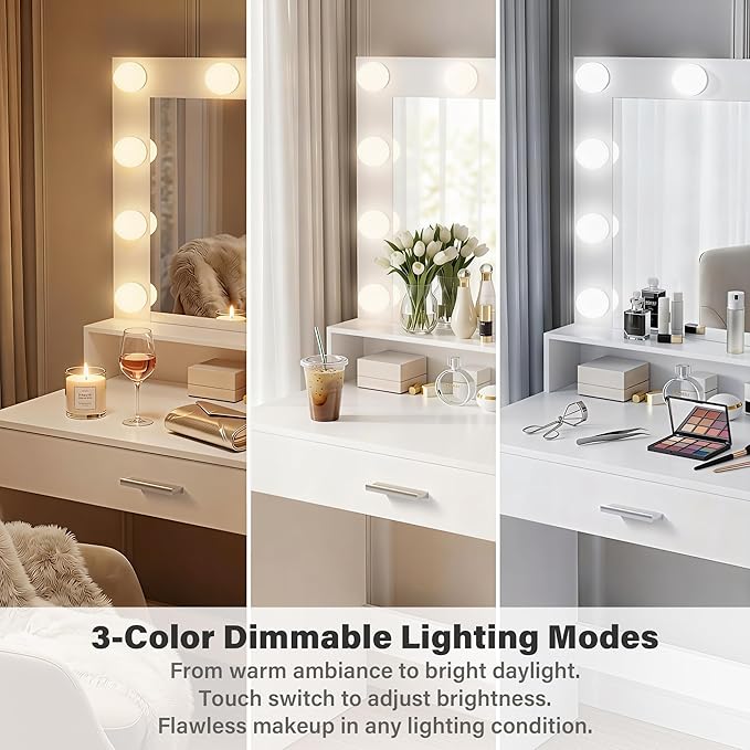 YESHOMY 39" Vanity Desk with Mirror & Lights, Makeup Vanity Table with Power Outlet & Storage Drawers, 3 Color LED Lighting, Dressing Table for Bedroom, White