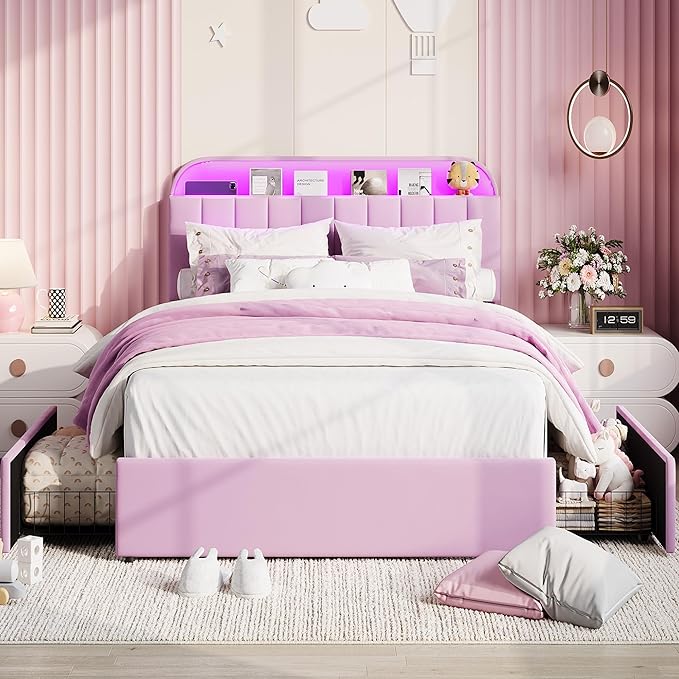 Garvee Full Size Bed Frame with 2 Flexible Drawers, Upholstered Platform Bed Frame with Bookcase Headboard and LED Lights, Kids Bed for Girls, Easy Assembly, Noise Free, Purple