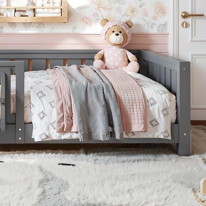 Bellemave Twin Size Kids Montessori Bed with Bookshelf,Solid Wood Twin Floor Bed Frame with Fence and Slats for Girls Boys,Low-Profile,Gray