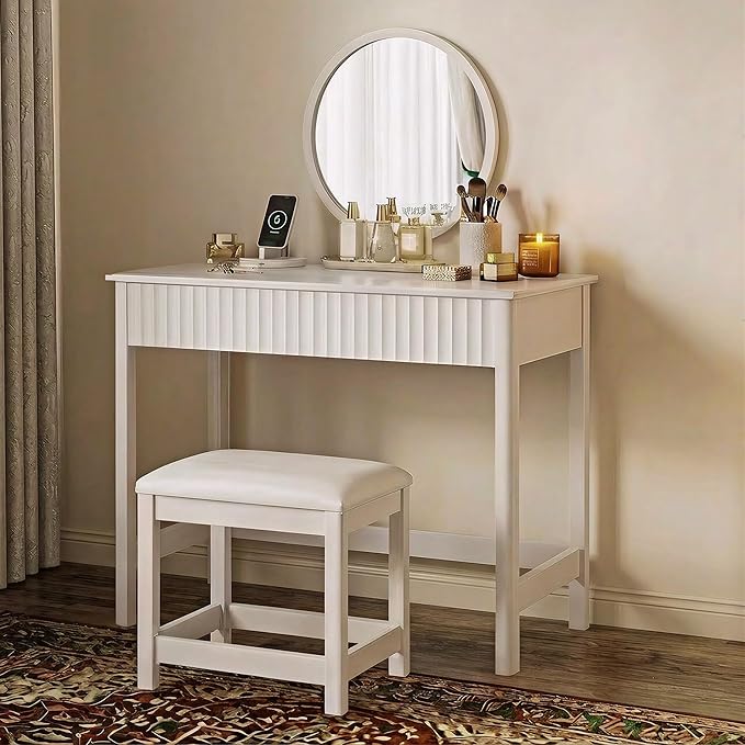 ChooChoo 40 Inch Modern Desk with Drawers, Makeup Vanity Desk with Padded Stool, Small Home Office Desk for Bedroom, White