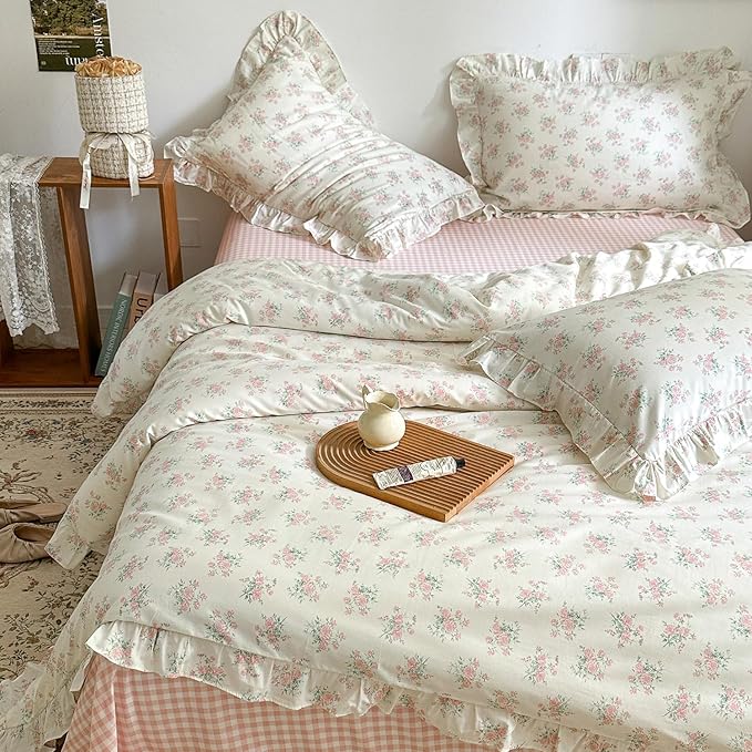 mixinni Pink Floral Duvet Cover Set Twin Size - 100% Cotton Ruffle Lace Bedding Set for Girls, Romantic Cottagecore Style Duvet Cover with Zipper Closure, Soft Aesthetic Princess Bedding-Twin
