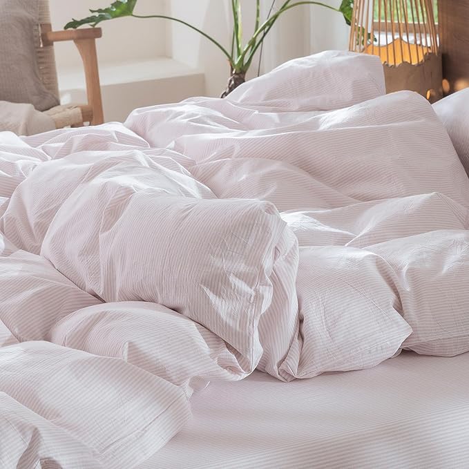 MooMee Striped Duvet Cover Set 100% Washed Cotton Linen Like Textured Breathable Durable Soft Comfy (Heathered Greyish Pink Pinstripes, Twin 68"x90")