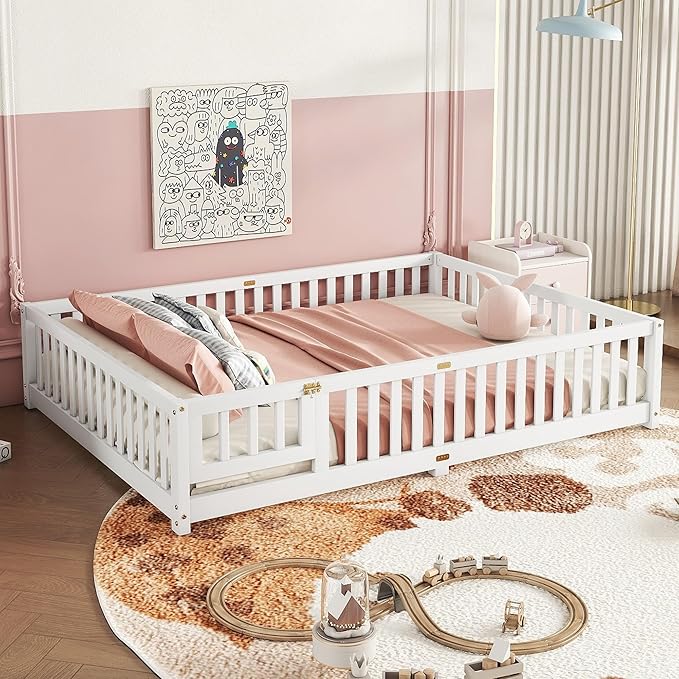 Bellemave Queen Floor Bed with Slats and Door, Queen Size Montessori Floor Bed with Fence and Door, Easy Assemble Montessori Beds Frame for Girls, Boys, White