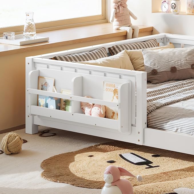 Bellemave Full Size Kids Montessori Bed with Bookshelf,Solid Wood Full Floor Bed Frame with Fence and Slats for Girls Boys,Low-Profile,White