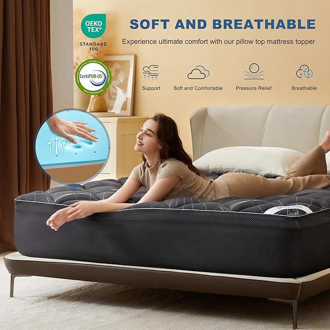 Bedlore 4-Inch Full Mattress Topper for Back Pain - Dual Layer Medium Support (2" Gel Memory Foam + 2" Cooling Fluffy Pillow Top Pad), Breathable & Pressure Relief (Gray)