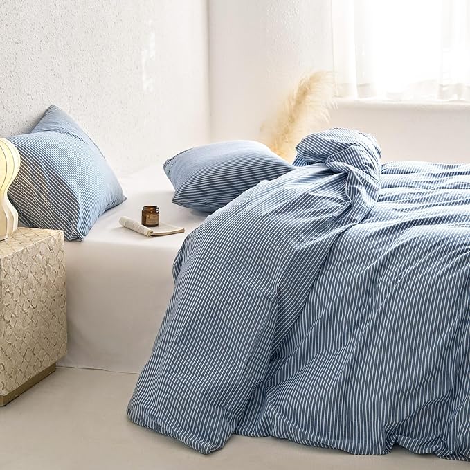 Wake In Cloud - Striped Cotton Duvet Cover Set, 100% Washed Cotton Textured Percale Bedding Set, Ticking Stripe Pinstripe Farmhouse, 3 Pieces, Denim Blue, Queen Size