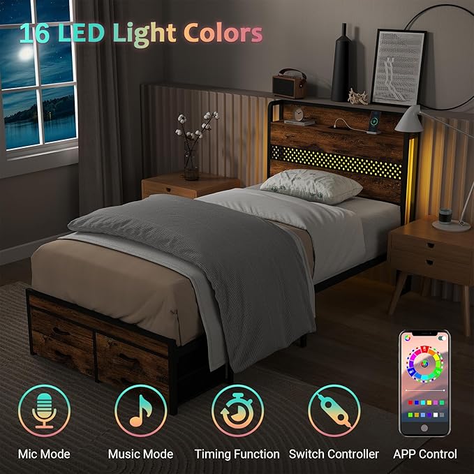 Zevemomo Twin Bed Frame with Storage Drawers, Twin Metal Bed Frame with LED Light and Charging Station, Heavy Duty Metal Slats, No Box Spring Needed, Rustic Brown