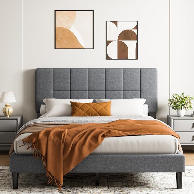 Marsail Twin Size Bed Frame with Headboard, Sturdy and Durable with 12 Support Legs, 1300 lbs Capacity, Solid Wooden Upholstered Adjustable Headboard for 6"-12" Mattresses, Easy Assembly,Dark Gray