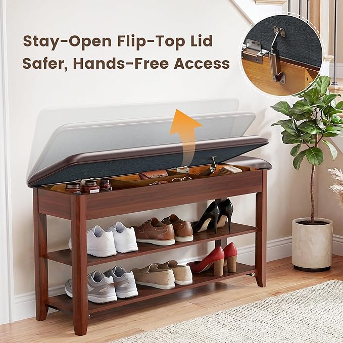LBT Solid Wood Entryway Shoe Bench with Storage, Adjustable 2-Tier Shoe Rack, Flip-Top Hidden Compartment, Padded Leather Seat, Heavy-Duty 550 lb Capacity for Entryway, Mudroom, Closet 31.5 inch